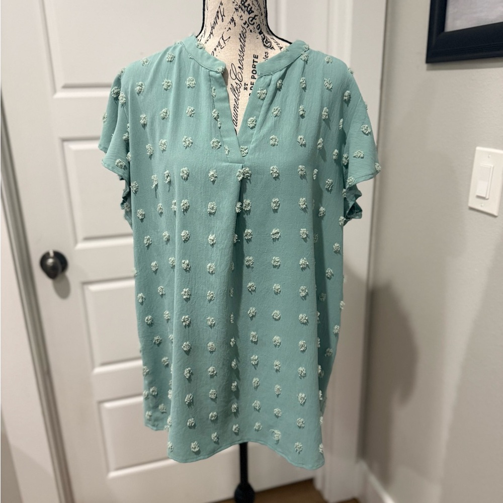 Mint Green Split V-Neck Textured Short Sleeve Blouse